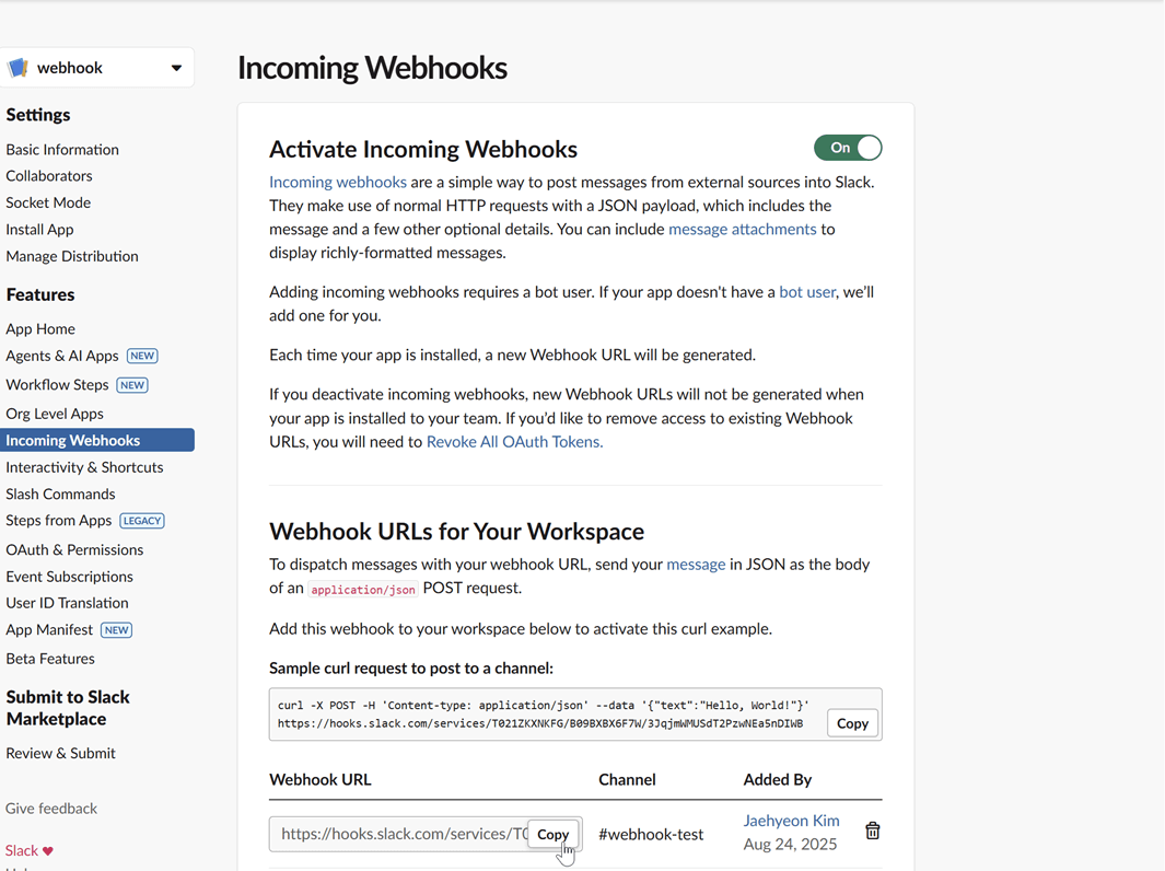 Copy Webhook URL